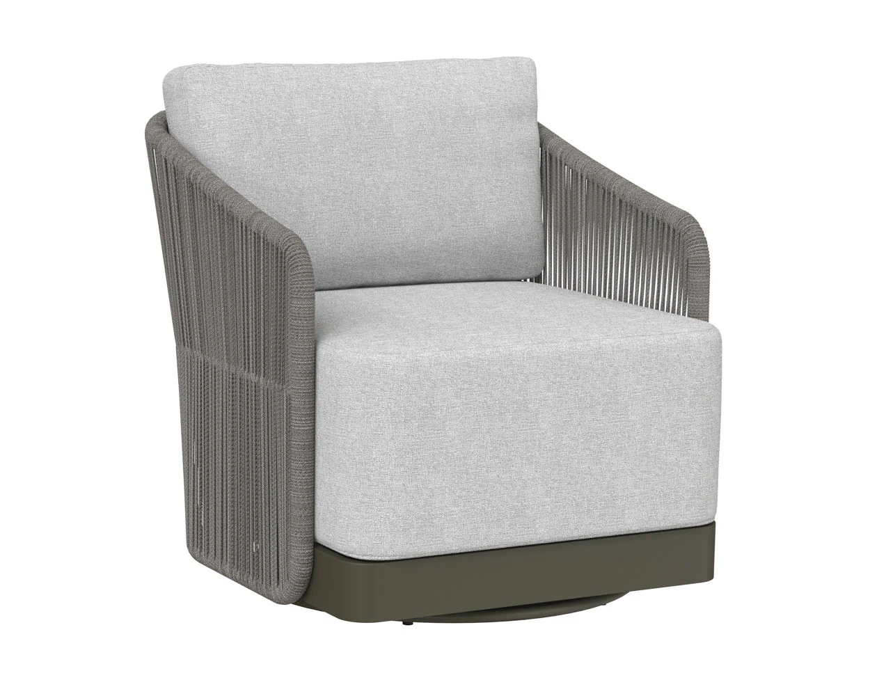 7F27E2B7-345E-CC1C-687F-2438F8D31728 Allariz Swivel Armchair in Warm Grey Fabric - Modern Upholstered Lounge Chair with 360° Rotation - Image 1