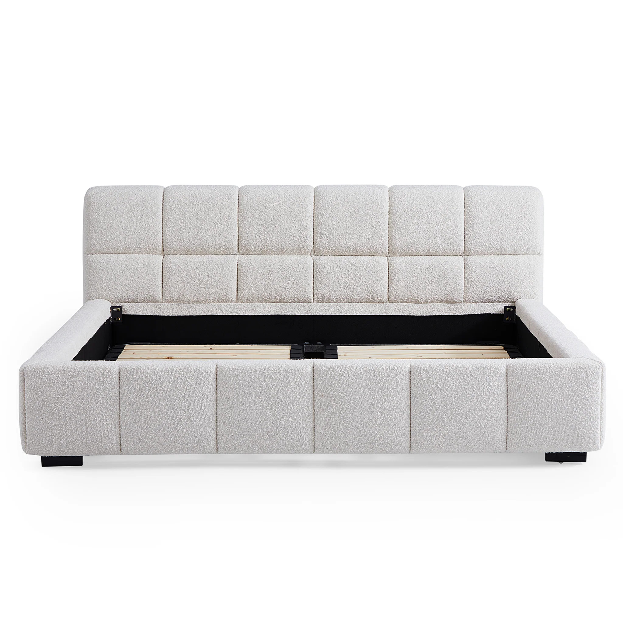 C4059F67-5D2A-B363-2653-EEBE532AF292 Cushy Boucle Fabric Bed - Contemporary Upholstered Platform Bed in Cream Boucle with Padded Headboard - Image 1